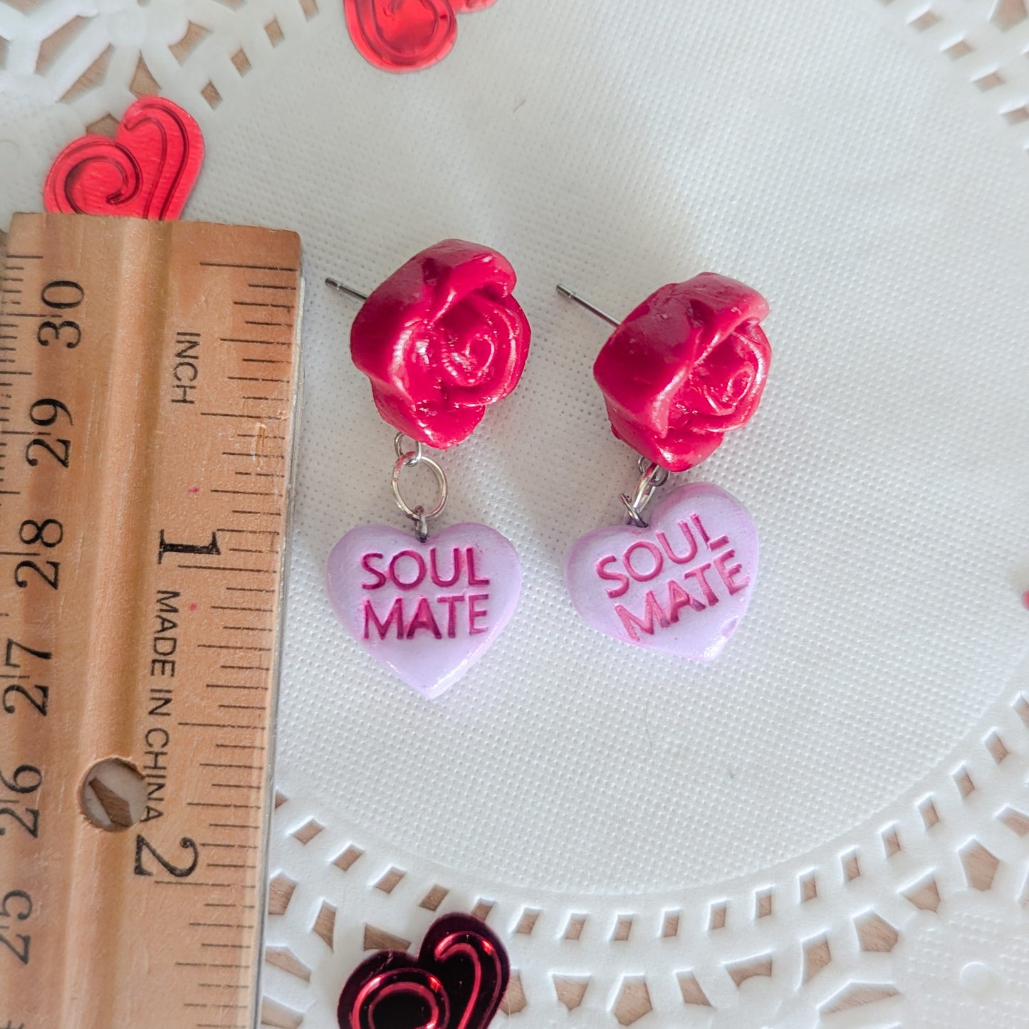 Candy Heart and Roses Dangle Stud Earrings