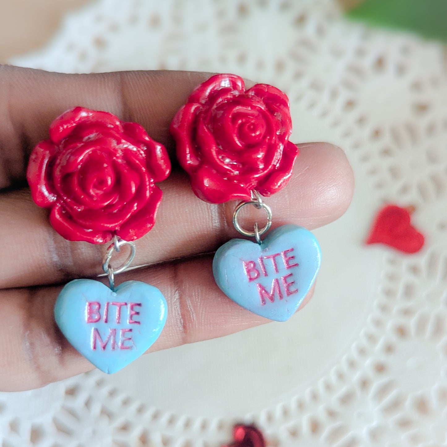 Candy Heart and Roses Dangle Stud Earrings