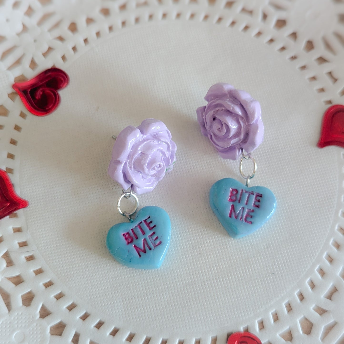 Candy Heart and Roses Dangle Stud Earrings