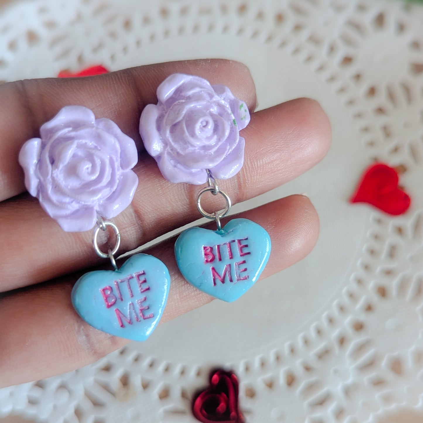 Candy Heart and Roses Dangle Stud Earrings