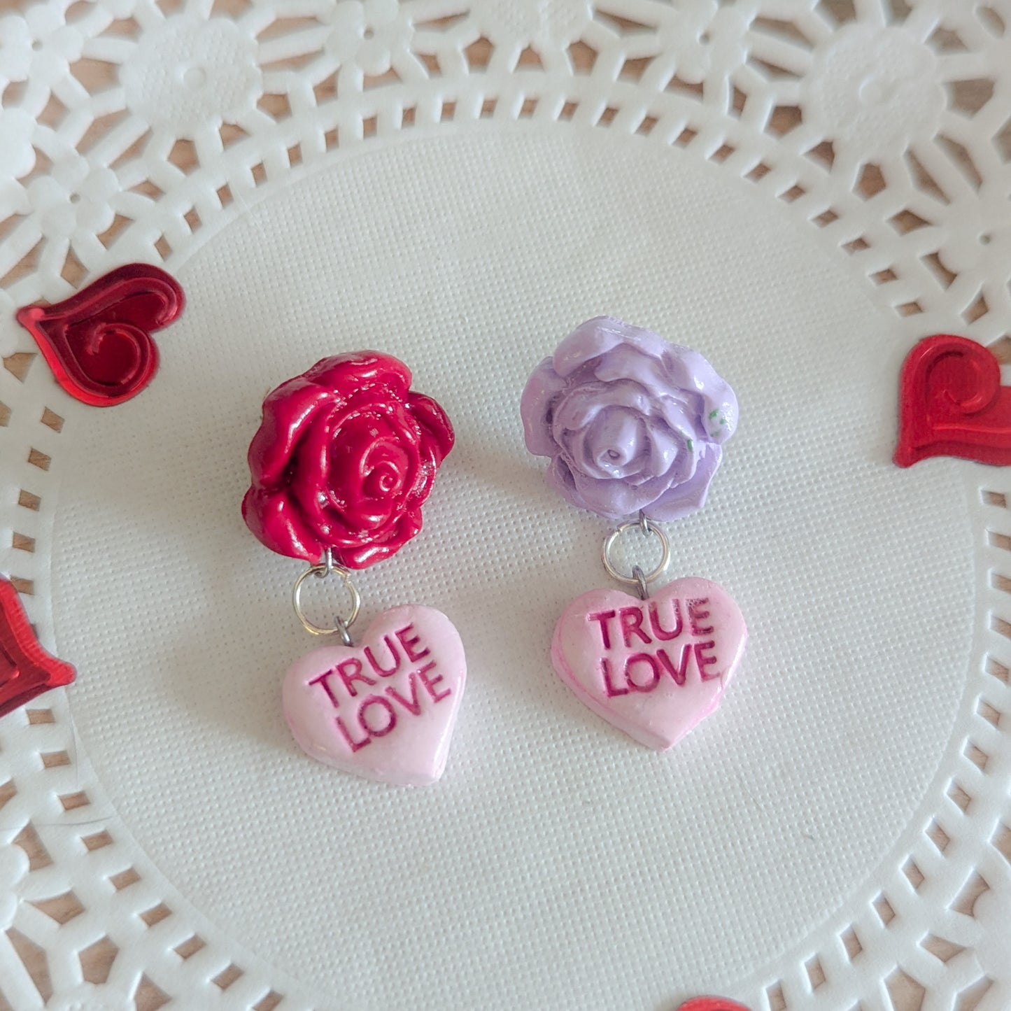 Candy Heart and Roses Dangle Stud Earrings